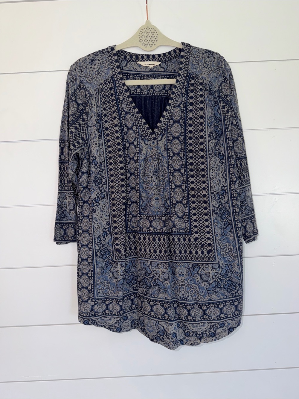 Lucky Brand Linen Blend Tunic Top 2X Blue Boho Peasant Geometric 3/4 Sleeve